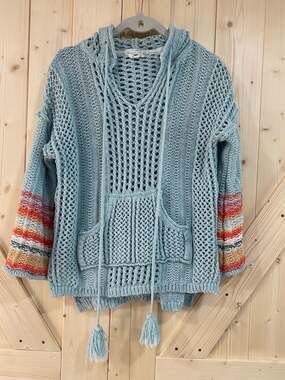POL Open Knit Crochet Hooded Sweater Light Blue Stripe Tassels small